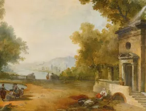Figures On A Terrace Overlooking A Large Lake by Hubert Robert (Follower) Oil Painting