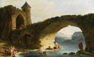 A Capriccio River Landscape With Washerwomen Near A Ruined Bridge by Hubert Robert Oil Painting