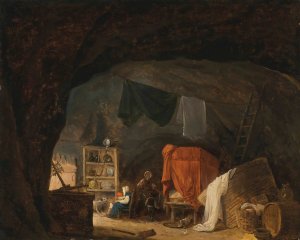 A Family In A Cave Interior by Hubert Robert Oil Painting