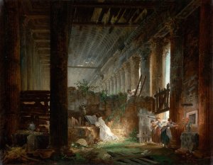 A Hermit Praying in the Ruins of a Roman Temple by Hubert Robert Oil Painting