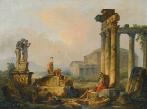 A Landscape With Shepherds And Shepherdesses Among Ancient Ruins, With The Statue Of Castor And Pollux And The Pantheon Beyond by Hubert Robert Oil Painting