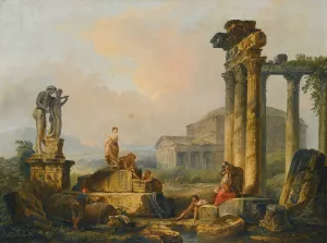 A Landscape With Shepherds And Shepherdesses Among Ancient Ruins, With The Statue Of Castor And Pollux And The Pantheon Beyond by Hubert Robert Oil Painting