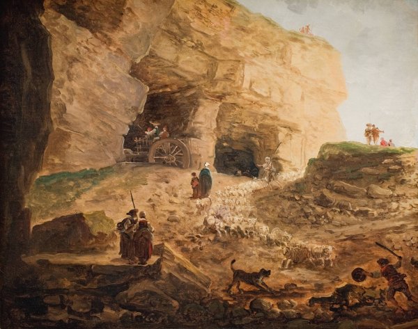 A Quarry with a Flock of Sheep  by Hubert Robert - Hand-Painted Oil Painting Reproduction