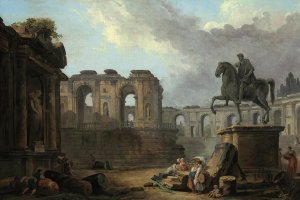 A Roman capriccio with washerwomen by the Statue of Marcus Aurelius by Hubert Robert Oil Painting