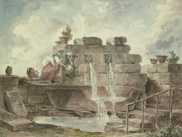 A Roman Fountain with a Woman Collecting Water  by Hubert Robert - Hand-Painted Oil Painting Reproduction