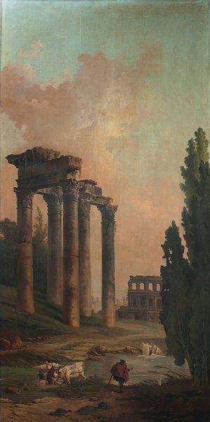 Architectural Capriccio with ruins of the Temple of Saturn and the Colosseum in the background by Hubert Robert Oil Painting