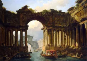 Architectural Landscape with a Canal by Hubert Robert - Oil Painting Reproduction