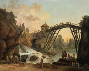 Draughtsman Drawing the Wooden Bridge in the Park of Mereville by Hubert Robert Oil Painting