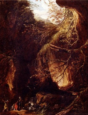 Figures By A Waterfall In A Wooded Landscape by Hubert Robert Oil Painting
