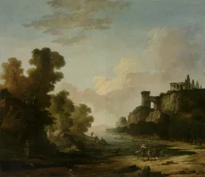 Figures on the Banks of a Lake with Classical Ruins painting by Hubert Robert