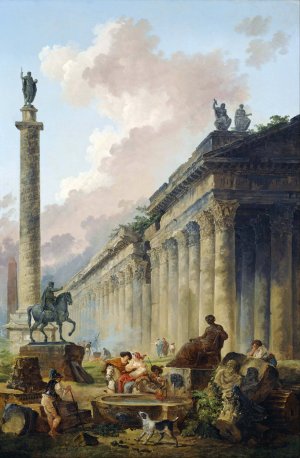 Imaginary View of Rome with Equestrian Statue of Marcus Aurelius, the Column of Trajan and a Temple by Hubert Robert Oil Painting