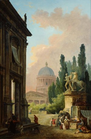 Imaginary View of Rome with the Horse-Tamer of the Monte Cavallo and a Church by Hubert Robert Oil Painting