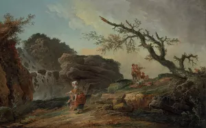 La Cascade; A Rocky Hillside With A Peasant Woman And Child Near A Waterfall And Boys Resting By A Blasted Tree by Hubert Robert Oil Painting