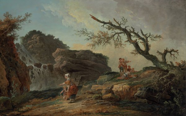 Main Product Photo of La Cascade; A Rocky Hillside With A Peasant Woman And Child Near A Waterfall And Boys Resting By A Blasted Tree Painting by Hubert Robert