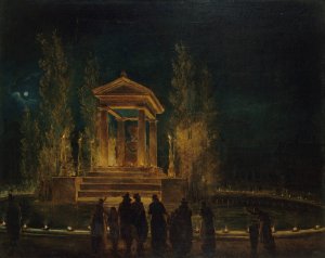 Le Mausolee provisoire de Jean-Jacques Rousseau, sur le bassin des Tuileries, avant la translation de ses cendres au Pantheon. Nuit du 10 au 11 octobre 1794 by Hubert Robert Oil Painting