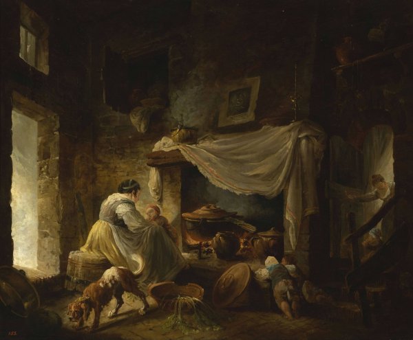 Peasant kitchen in ruins  by Hubert Robert - Hand-Painted Oil Painting Reproduction