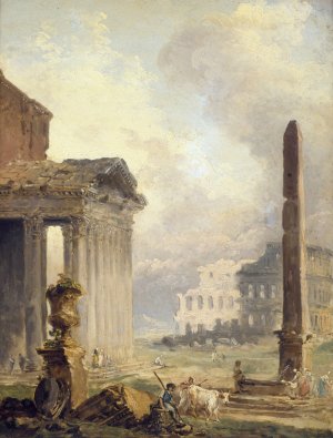 Ruines romaines, le Forum avec le Colisee et l'Obelisque by Hubert Robert Oil Painting