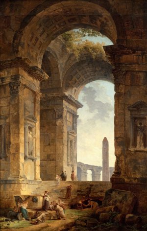 Ruins with an obelisk in the distance by Hubert Robert Oil Painting