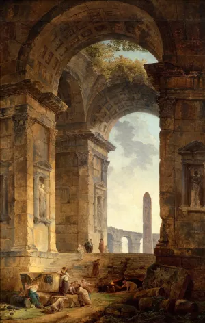 Ruins with an obelisk in the distance by Hubert Robert Oil Painting