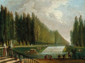 The park of a country villa with figures promenading near a cascade of water by Hubert Robert Oil Painting