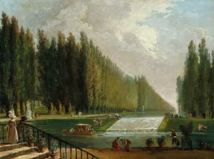The park of a country villa with figures promenading near a cascade of water by Hubert Robert Oil Painting