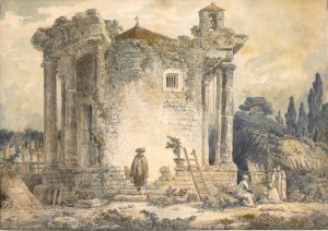 The Temple Of The Sibyl At Tivoli, A Man In A Cloak And Hat Standing On The Steps, A Group Of Monks To The Right by Hubert Robert Oil Painting