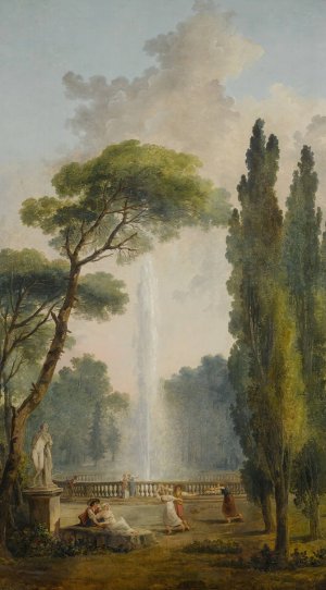 View of a garden with a large fountain at center and figures relaxing and dancing in the foreground by Hubert Robert Oil Painting