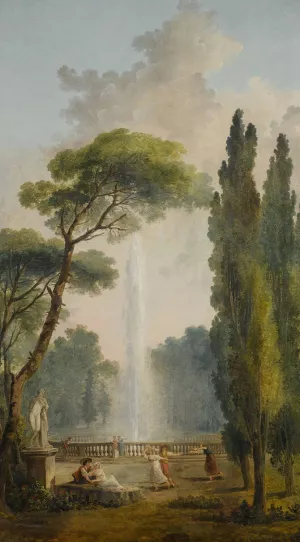 View of a garden with a large fountain at center and figures relaxing and dancing in the foreground by Hubert Robert Oil Painting