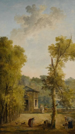 View of a walled garden courtyard, with a woman feeding chickens and other figures in the foreground by Hubert Robert Oil Painting
