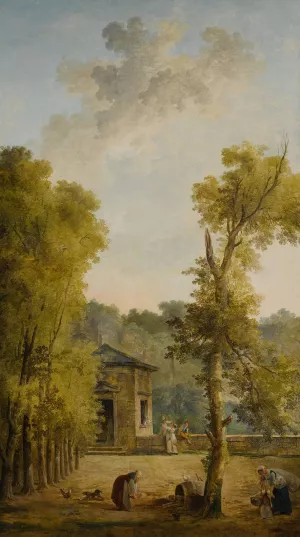 View of a walled garden courtyard, with a woman feeding chickens and other figures in the foreground by Hubert Robert Oil Painting