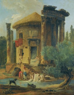 Washerwomen At The Edge Of A River, Beneath A Ruined Circular Temple by Hubert Robert Oil Painting