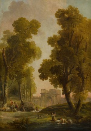 Washerwomen in a landscape, with a group of shepherds before an allee of trees by Hubert Robert Oil Painting