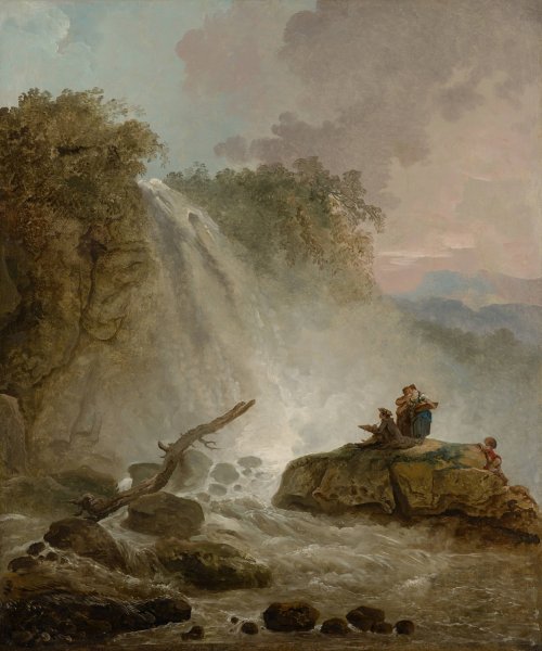 Waterfall with Drawing Artist by Hubert Robert - Hand-Painted Oil Painting Reproduction
