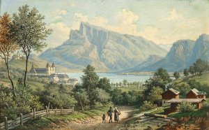 A View of Mondsee Monastery and the Drachenwand by Hubert Sattler Oil Painting