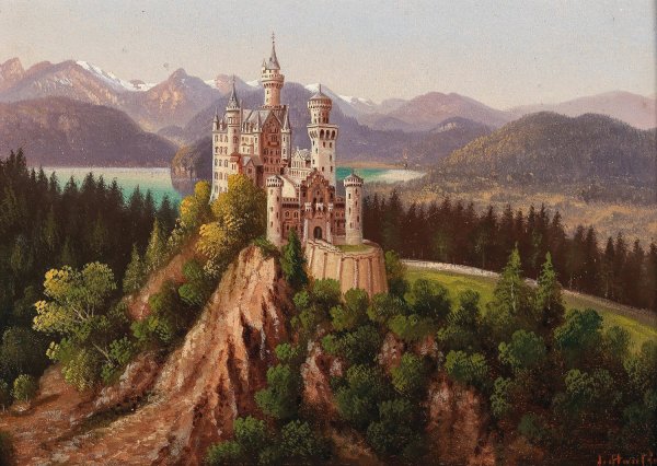 A View of Neuschwanstein Castle by Hubert Sattler - Hand-Painted Oil Painting Reproduction