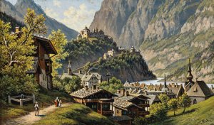 A View of Werfen by Hubert Sattler Oil Painting