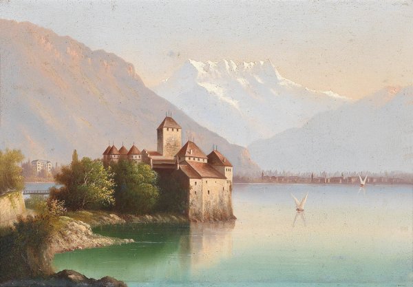 Blick auf Schloss Chillon am Genfer See by Hubert Sattler - Hand-Painted Oil Painting Reproduction
