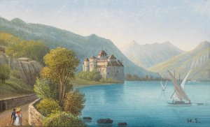 Blick auf Schloss Chillon am Genfer See by Hubert Sattler Oil Painting