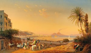 Naples, a lively scene on the promenade at dusk, with Vesuvius in the background by Hubert Sattler Oil Painting