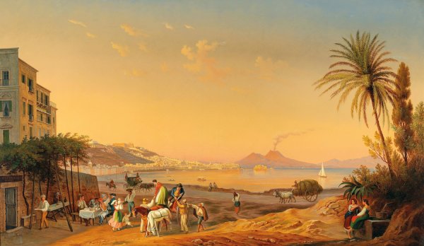 Naples, a lively scene on the promenade at dusk, with Vesuvius in the background  by Hubert Sattler - Hand-Painted Oil Painting Reproduction