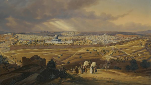 View Of Jerusalem From The Mount Of Olives  by Hubert Sattler - Hand-Painted Oil Painting Reproduction