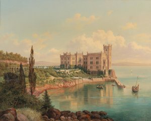 View of Miramare Castle near Trieste by Hubert Sattler Oil Painting