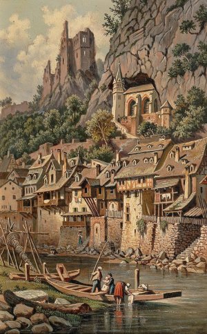 View of the Rock Church and Castle Ruins in Idar-Oberstein by Hubert Sattler Oil Painting