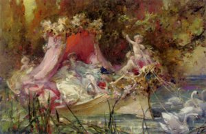 A Lovers Barge Drawn by Swans Oil painting by Hugh Maynard Brown