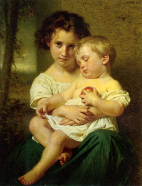 Main Product Photo of Jeune Fille Tenant un Enfant Endormi Painting by Hughes Merle