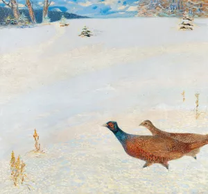 Pheasants in a Winter Landscape by Hugo Baar Oil Painting