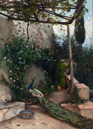 Terrace with Peacock, the Alhambra by Hugo Birger Oil Painting
