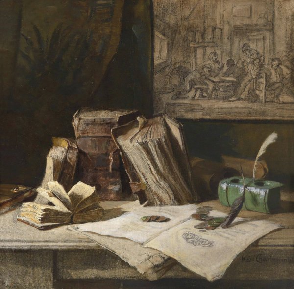 Main Product Photo of Stillleben mit Folianten Painting by Hugo Charlemont