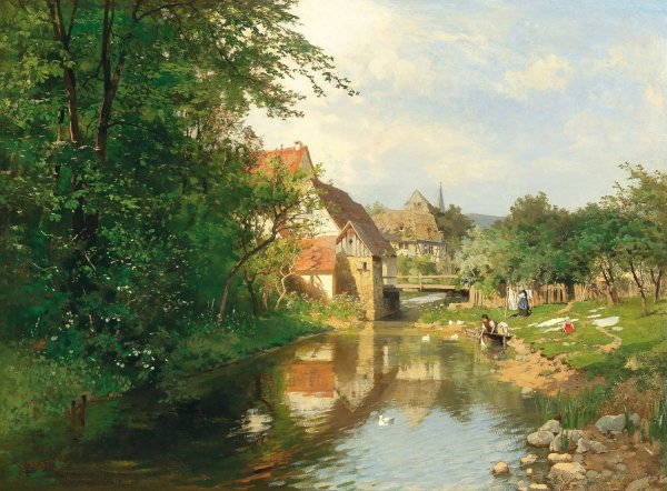 A village by the river by Hugo Darnaut - Hand-Painted Oil Painting Reproduction