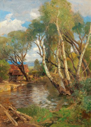 Birches by a mountain creek by Hugo Darnaut Oil Painting